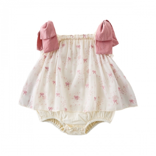 2025 Summer Infant Baby Kids Girls Sleeveless Butterfly-bows Embroidered Pattern Onesies Wholesale