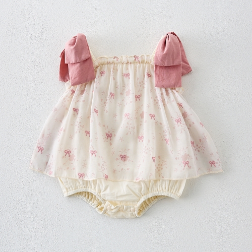 2025 Summer Infant Baby Kids Girls Sleeveless Butterfly-bows Embroidered Pattern Onesies Wholesale