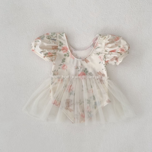 2025 Summer Infant Baby Kids Girls Short Sleeves Cute Flowers and Rabbits Pattern Swimwear Wholesale
