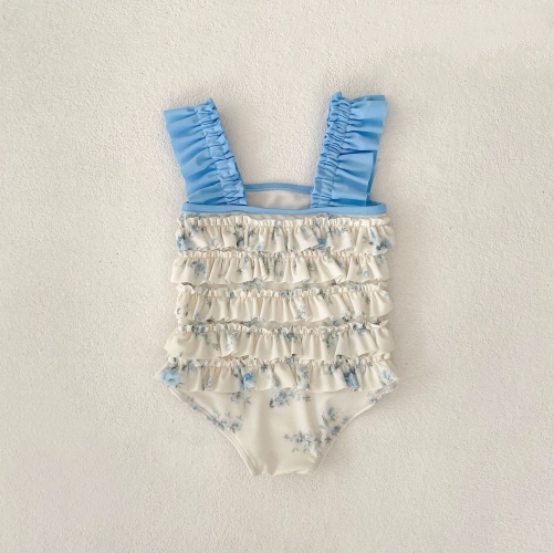 2025 Summer Infant Baby Kids Girls Sleeveless Cute Flowers Pattern Ruffle Swimwear Wholesale