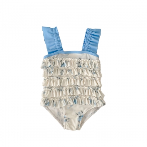 2025 Summer Infant Baby Kids Girls Sleeveless Cute Flowers Pattern Ruffle Swimwear Wholesale