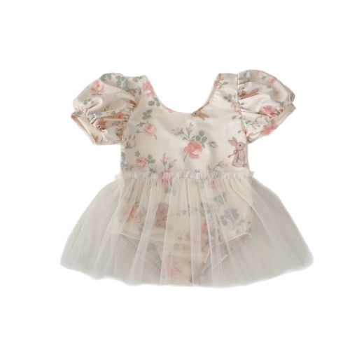 2025 Summer Infant Baby Kids Girls Short Sleeves Cute Flowers and Rabbits Pattern Swimwear Wholesale
