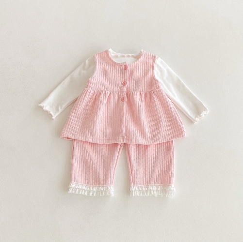 2025 Autumn Infant Baby Girls Beige Long Sleeves Top, Single Breasted Coat With Pants Pink Sets Wholesale