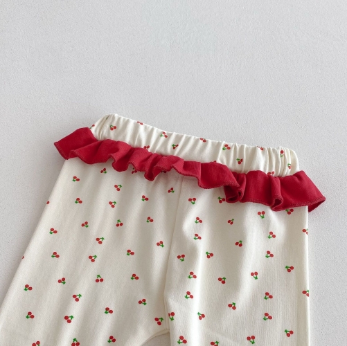 2025 Autumn and Spring Infant Baby Girls Cherry Pattern Long Sleeves Bottoming Top With Pants Sets Wholesale