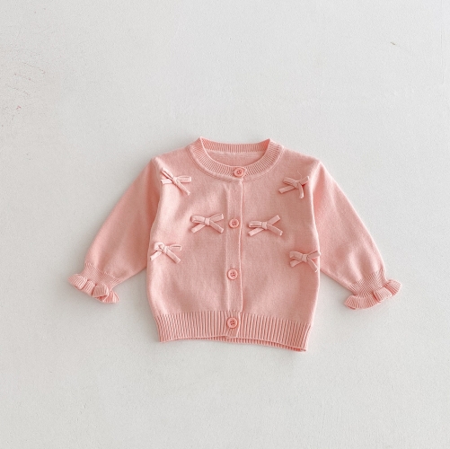 New Arrival Autumn and Spring Infant Baby Girls Butterfly-bow Decorated Long Sleeves Single Breasted Knitted Cardigan Wholesale