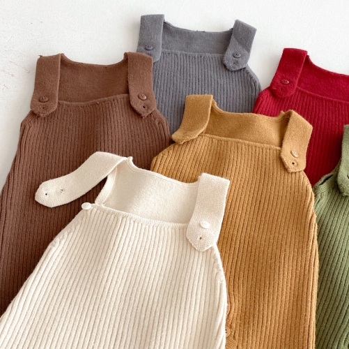 2025 Autumn Infant Baby Unisex Solid Color Sleeveless Knitted Overalls Rompers Wholesale