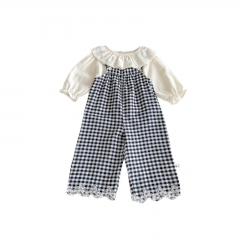 2025 Autumn Infant Baby Girls Beige Long Sleeves Flowers Embroidered Pattern Top and Sleeveless Plaid Overalls Sets Wholesale