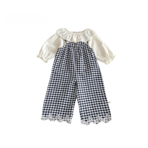 2025 Autumn Infant Baby Girls Beige Long Sleeves Flowers Embroidered Pattern Top and Sleeveless Plaid Overalls Sets Wholesale