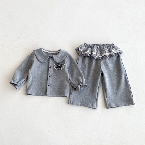 2025 Autumn and Spring Infant Baby Girls Preppy Style Long Sleeves Single Breasted Top With Pants Sets Wholesale