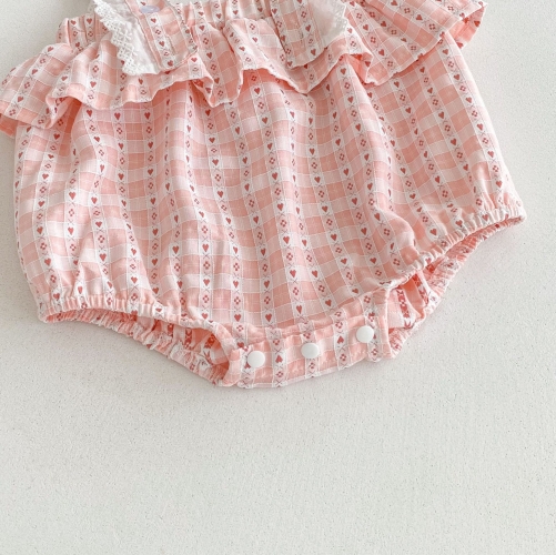 2025 Autumn Infant Baby Girls Beige Long Sleeves Top, Plaid and Hearts Pattern Sleeveless Onesies With Hat Sets Wholesale
