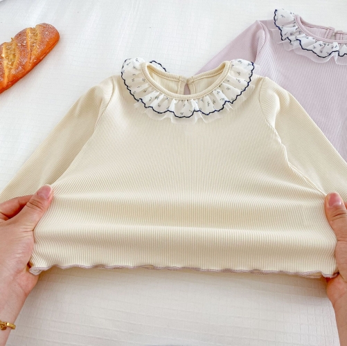 2025 Autumn and Spring Infant Baby Girls Solid Color Long Sleeves Bottoming Top with Floral Collar and Plain Pants Clothing Sets Wholesale