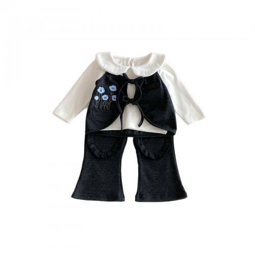 2025 Autumn Infant Baby Girls Beige Long Sleeves Solid Color Top, Flowers Embroidered Sleeveless Vest With Pants Sets Wholesale