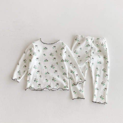 2025 Autumn and Spring Infant Baby Girls Floral Pattern Long Sleeves Bottoming Top With Pants Pajamas Sets Wholesale