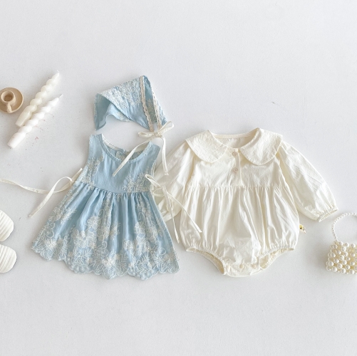2025 Autumn Infant Baby Girls Beige Long Sleeves Onesies, Flowers Embroidered Sleeveless Vest With Hat Sets Wholesale