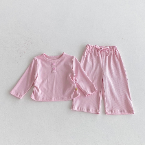 2025 Autumn and Spring Infant Baby Girls Solid Color Long Sleeves Bottoming Top With Pants Pajamas Sets Wholesale