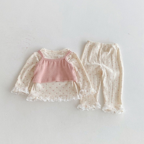 2025 Autumn Infant Baby Girls Beige Long Sleeves Floral Top, Solid Color Sleeveless Vest With Pants Sets Wholesale