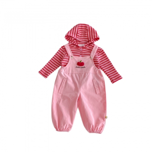 2025 Autumn Infant Baby Girls Pink Long Sleeves Striped Pattern Top with Hood and Sleeveless Fruit Pattern Overalls Sets Wholesale