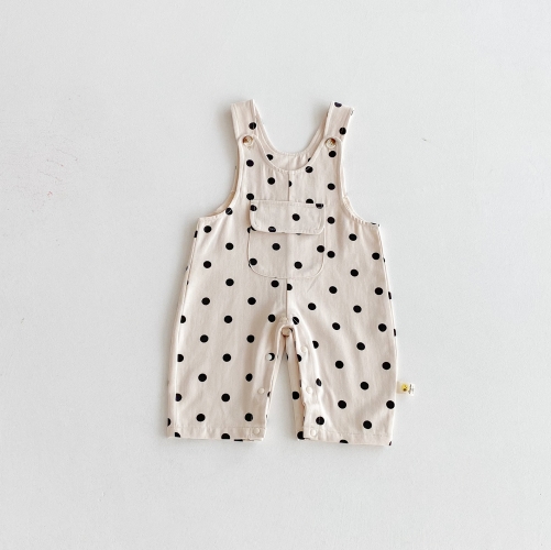2025 Autumn Infant Baby Girls Beige Long Sleeves Solid Color Top with Collar and Sleeveless Polka Dots Pattern Overalls Sets Wholesale