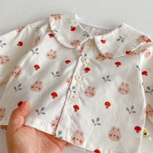 2025 Autumn Infant Baby Girls Cartoon Rabbits and Flowers Pattern Long Sleeves Top with Collar and Sleeveless Mushrooms Pattern Overalls Sets Wholesal