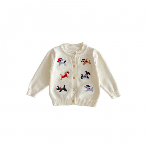 New Arrival Autumn and Spring Infant Baby Unisex Puppy Cartoon Pattern Long Sleeves Single Breasted Knitted Cardigan Wholesale
