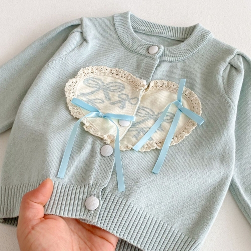 New Arrival Autumn and Spring Infant Baby Girls Heart Pattern Butterfly-bow Decorated Long Sleeves Single Breasted Knitted Cardigan Wholesale