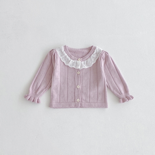 New Arrival Autumn and Spring Infant Baby Girls Hollow-out and Striped Pattern Long Sleeves Single Breasted Knitted Cardigan Wholesale