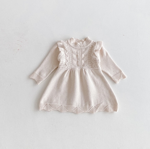 New Arrival Autumn Infant Baby Kids Girls Stylish Jacquard and Hollow-out Pattern Princess Long Sleeves Knitted Dress Wholesale