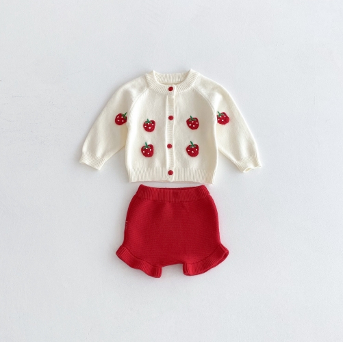 2025 Autumn Infant Baby Girls Strawberry Pattern Long Sleeves Cardigan With Bloomers Sets Wholesale