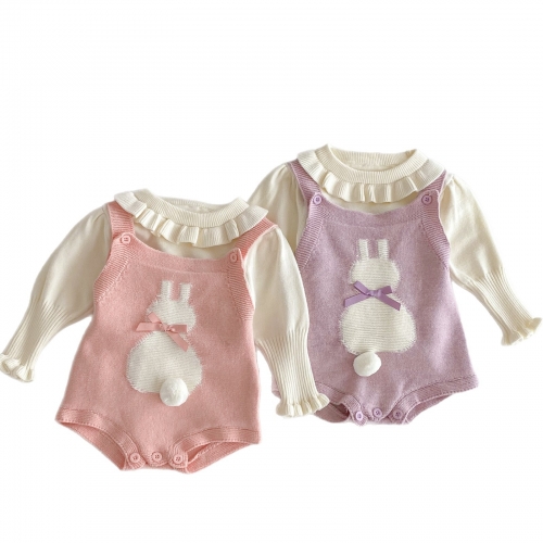 2025 Autumn Infant Baby Girls Long Sleeves Solid Color Knitted Top with Cute Rabbit Pattern Sleeveless Onesies Overalls Sets Wholesale