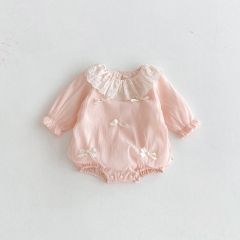 2025 Autumn Infant Baby Kids Girls Long Sleeves Flowers Pattern Embroidered Collar Onesies Wholesale