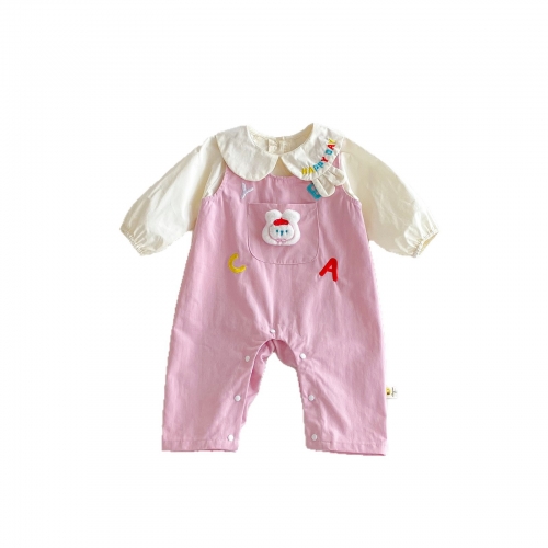 2025 Autumn Infant Baby Girls Long Sleeves Beige Top with Cartoon Sleeveless Rompers Overalls Sets Wholesale