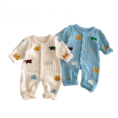 Autumn and Winter Infant Baby Unisex Animals Pattern Long Sleeve One Piece Knitted Rompers Wholesale