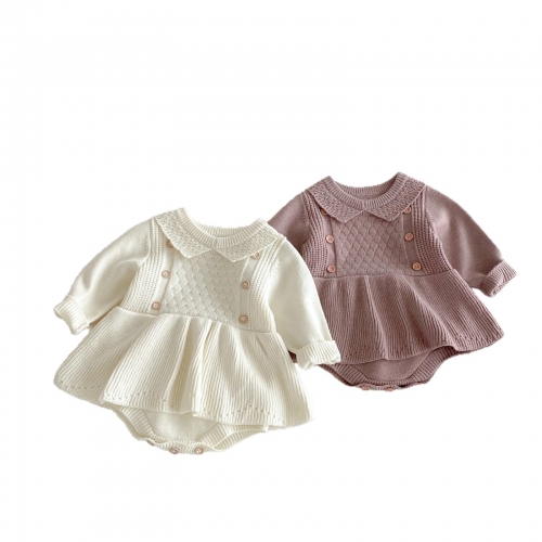 Autumn and Winter Infant Baby Girls Jacquard Long Sleeve One Piece Knitted Onesies Dress Wholesale