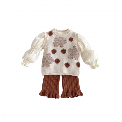 2025 Autumn Infant Baby Girls Plain Long Puff Sleeves Top, Jacquard Sleeveless Vest With Pants Knitted Sets Wholesale