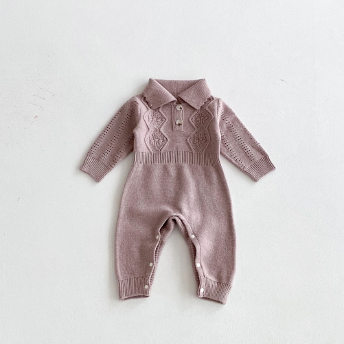 Autumn Infant Baby Unisex Solid Color Long Sleeve Jacquard One Piece Knitted Romper Wholesale