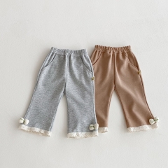 2025 New Arrival Baby Kids Girls Lace Trim Color Patchwork Flowers Pattern Pants In Spring and Autumn Wholesale