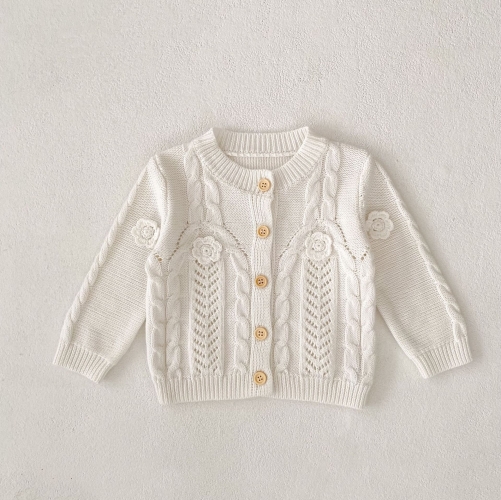 New Arrival Autumn and Spring Infant Baby Girls Striped and Flowers Jacquard Pattern Long Sleeves Single Breasted Knitted Cardigan Wholesale
