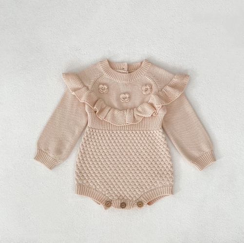 Autumn and Spring Infant Baby Girls Geometric and Flowers Jacquard Pattern Long Sleeve One Piece Knitted Onesies Wholesale