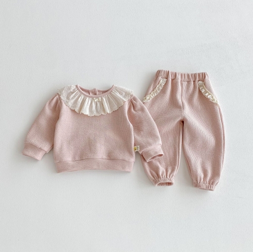 2025 Autumn Infant Baby Girls Color Patchwork Long Sleeves Lace Collar Pullover With Plain Pants Sets Wholesale