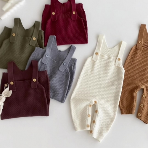 2025 Autumn Infant Baby Kids Unisex Sleeveless Solid Color Strap Knitted Overalls Wholesale