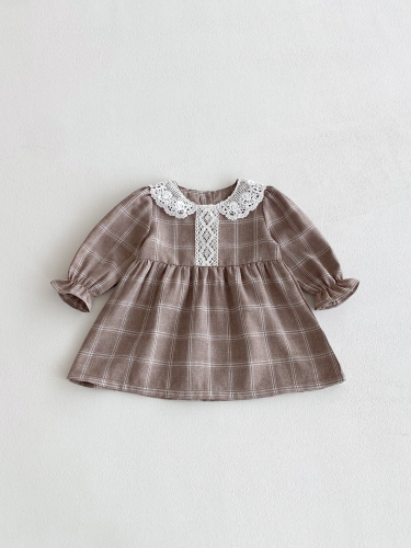 New Arrival Autumn Infant Baby Kids Girls Stylish Plaid Princess Long Sleeves Dress with Collar Wholesale