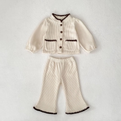 2025 Autumn Infant Baby Girls Corduroy Long Sleeves Single Breasted Cordigan With Pants Sets Wholesale