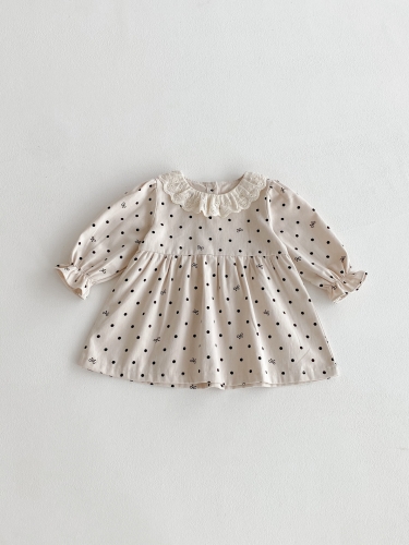 New Arrival Autumn Infant Baby Kids Girls Stylish Dots Pattern Princess Long Sleeves Dress with Collar Wholesale