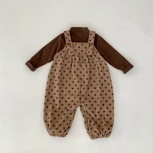 2025 Autumn Infant Baby Unisex Long Sleeves Plain Top With Polka Dots Pattern Corduroy Overalls Sets Wholesale