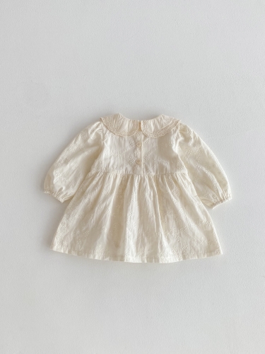 Autumn Infant Baby Girls Flowers Embroidery Pattern Long Sleeves One Piece Solid Color Beige Onesies Dress Wholesale
