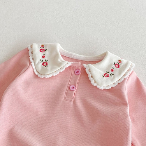 2025 Autumn Infant Baby Girls Flowers Embroidered Pattern Collar Long Sleeves Pullover With Pants Sets Wholesale