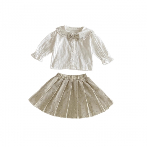 2025 Autumn Infant Baby Girls Long Sleeves Plaid Single Breasted Top Shirt with Floral Skirt Sets Wholesale