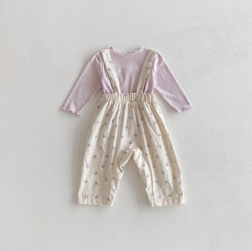 2025 Autumn Infant Baby Girls Long Sleeves Purple Top with Floral Pattern Sleeveless Overalls Sets Wholesale