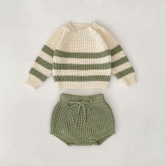 2025 Autumn and Spring Infant Baby Unisex Striped Pattern Color Patchwork Long Sleeves Cardigan With Plain Bloomers Sets Wholesale