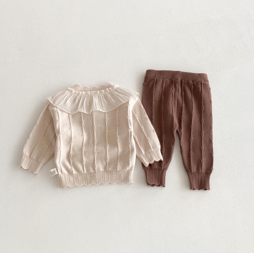 2025 Autumn Infant Baby Girls Long Sleeves Solid Color Single Breasted Top Cardigan with Pants Sets Wholesale